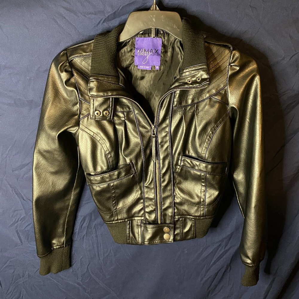Miley Cyrus/Max Azera Faux Leather Bomber Jacket ( Black, Medium)